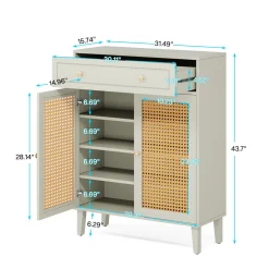Wooden Shoe Cabinet, Rattan Shoe Organizer with Doors and Drawer