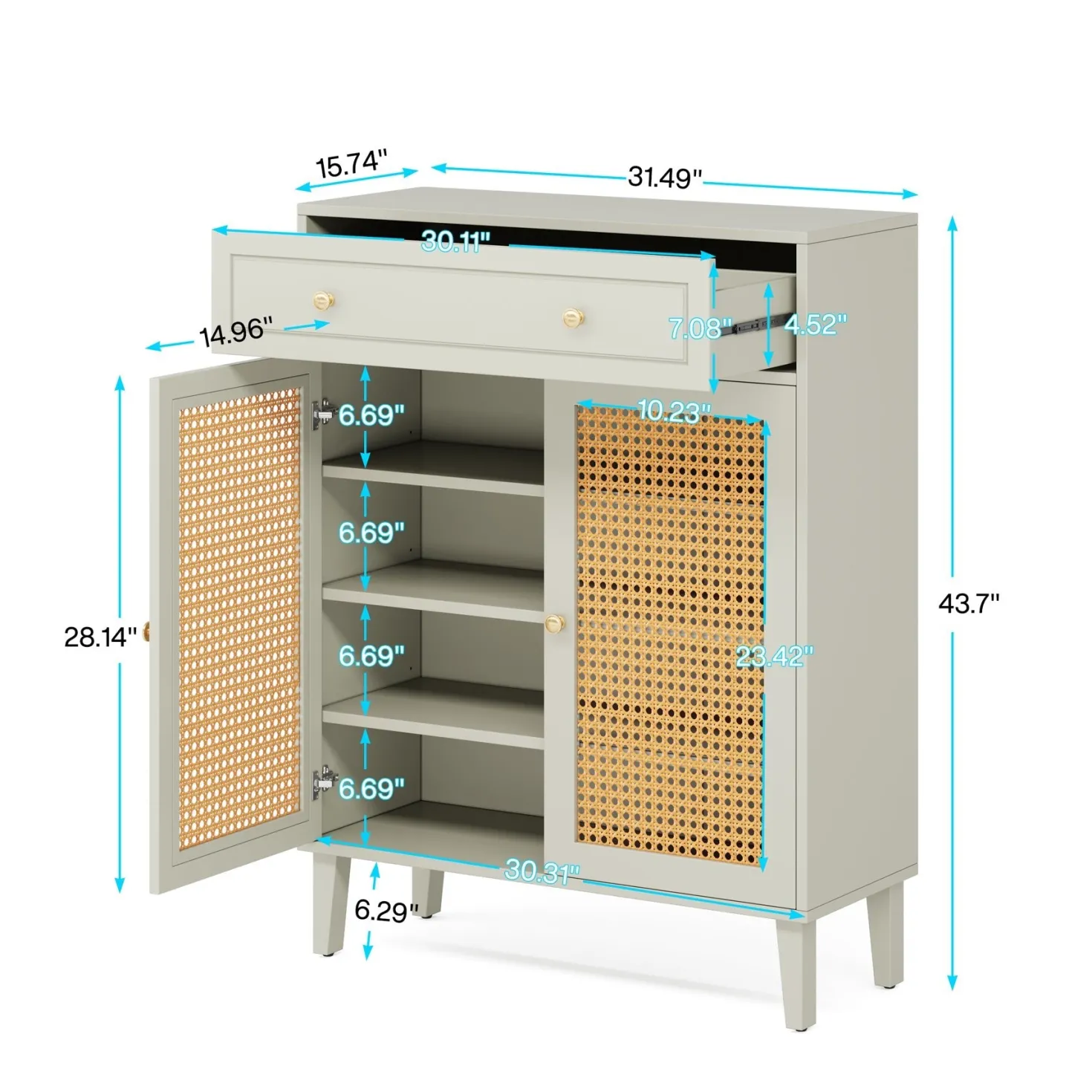 Wooden Shoe Cabinet, Rattan Shoe Organizer with Doors and Drawer