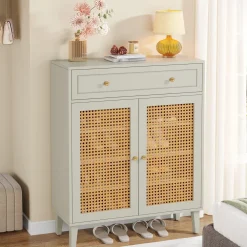 Wooden Shoe Cabinet, Rattan Shoe Organizer with Doors and Drawer