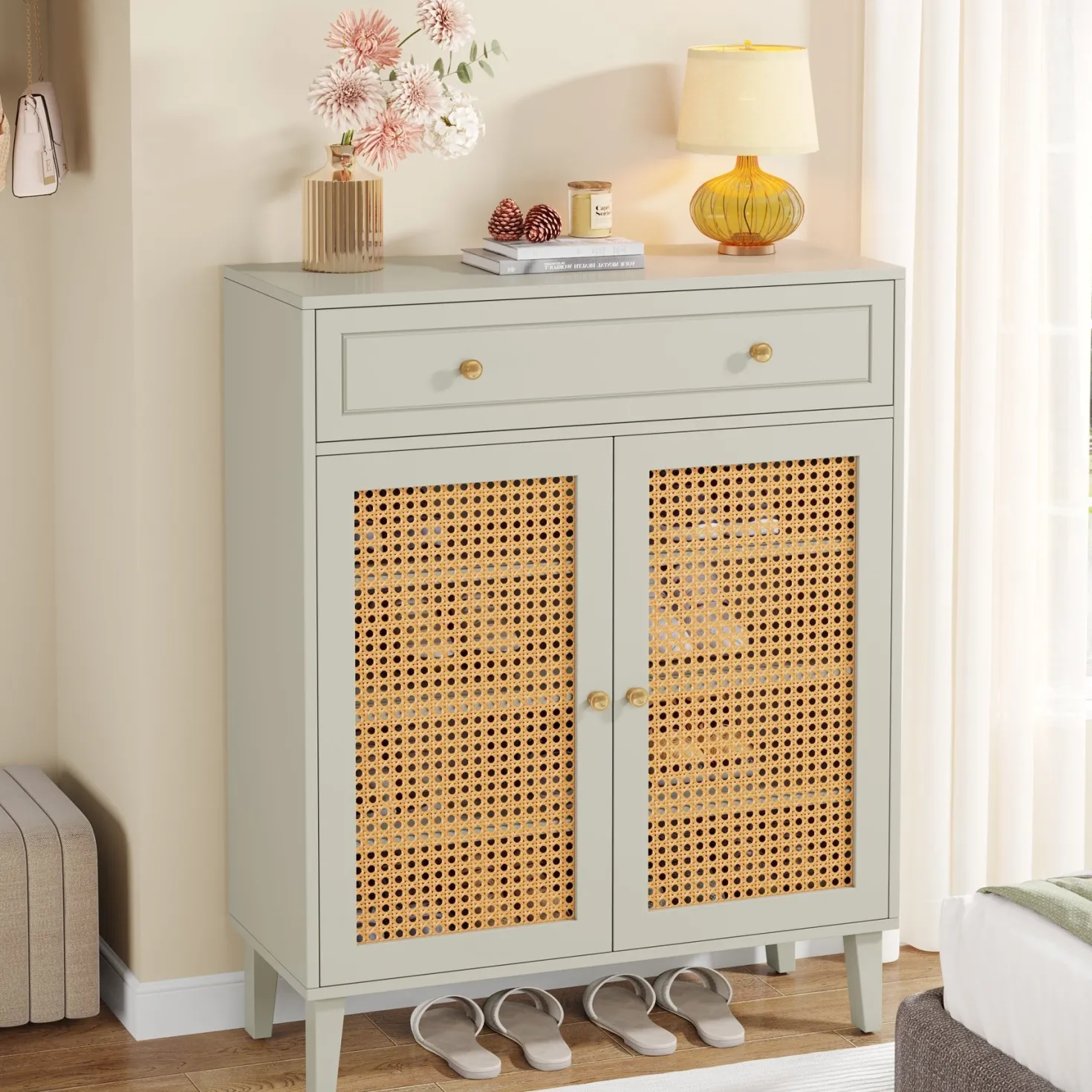 Wooden Shoe Cabinet, Rattan Shoe Organizer with Doors and Drawer