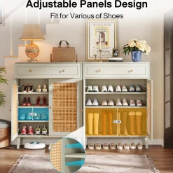 Wooden Shoe Cabinet, Rattan Shoe Organizer with Doors and Drawer