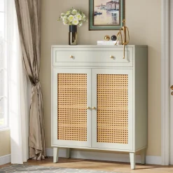 Wooden Shoe Cabinet, Rattan Shoe Organizer with Doors and Drawer