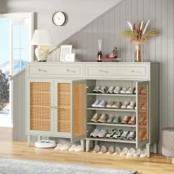 Wooden Shoe Cabinet, Rattan Shoe Organizer with Doors and Drawer