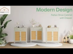 Wooden Shoe Cabinet, Rattan Shoe Organizer with Doors and Drawer