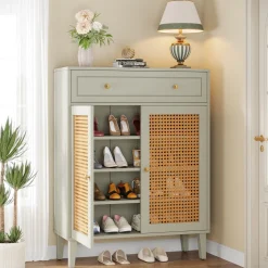Wooden Shoe Cabinet, Rattan Shoe Organizer with Doors and Drawer