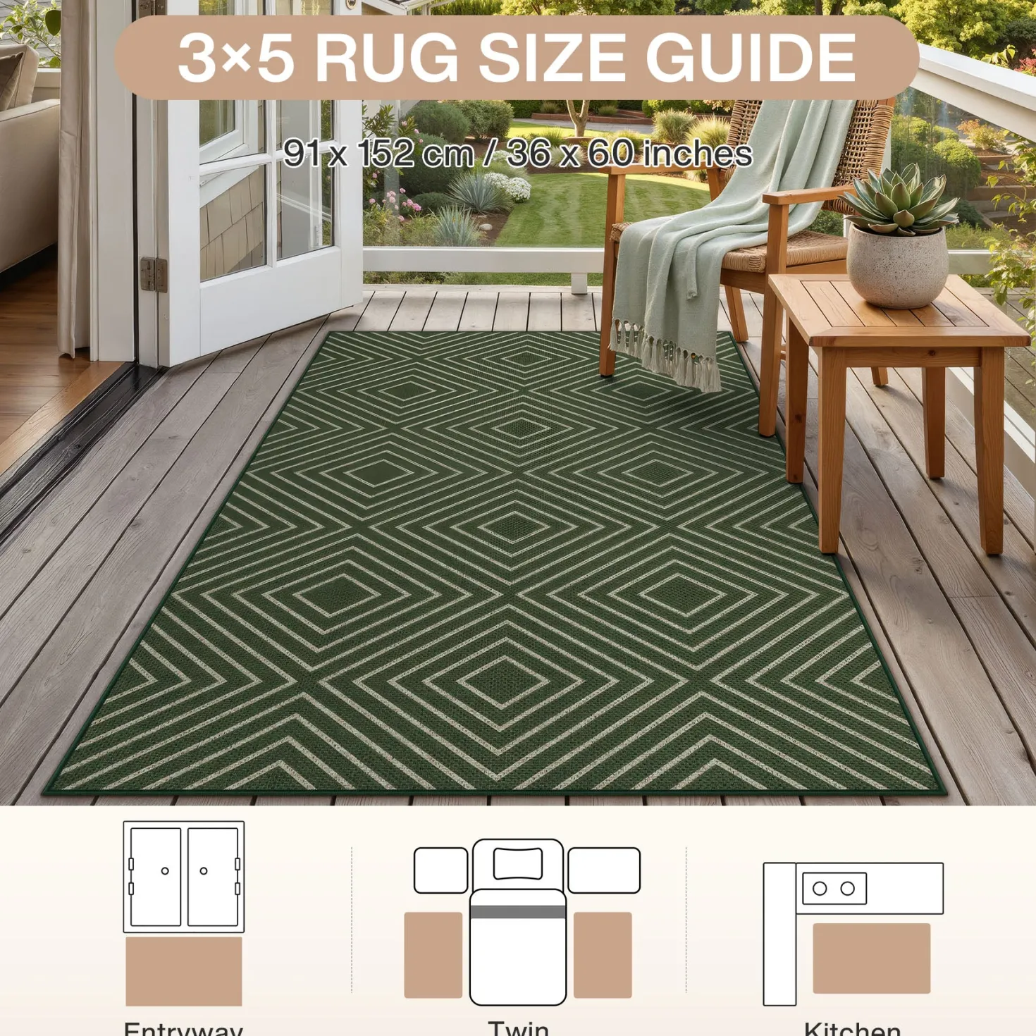 3x5 Modern Easy Jute Geometric Patio Rug, Washable Area Rugs Non-Slip Low Pile Carpet, Oeko-Tex Certified