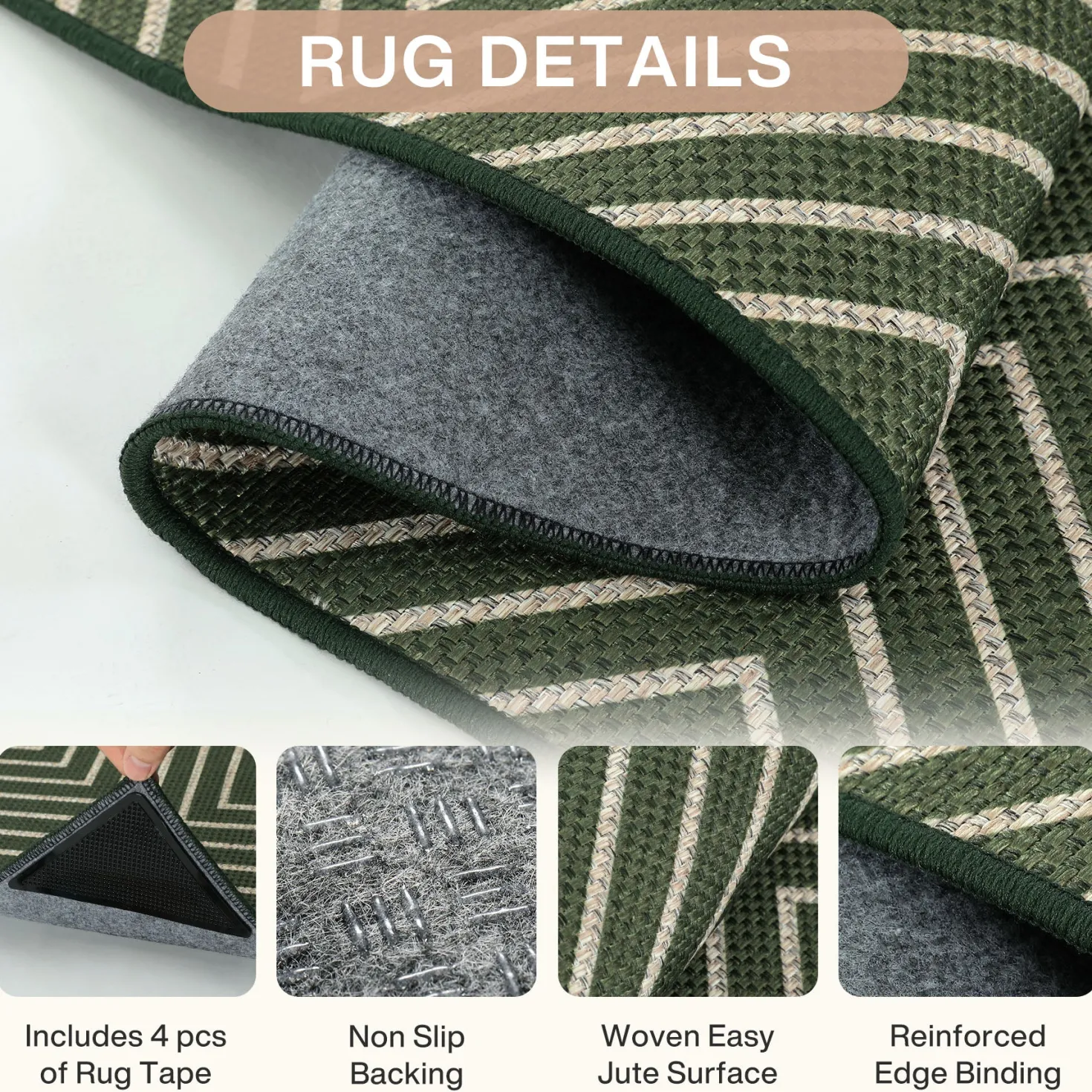 3x5 Modern Easy Jute Geometric Patio Rug, Washable Area Rugs Non-Slip Low Pile Carpet, Oeko-Tex Certified