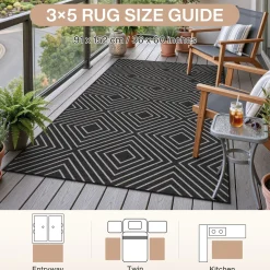 3x5 Modern Easy Jute Geometric Patio Rug, Washable Area Rugs Non-Slip Low Pile Carpet, Oeko-Tex Certified