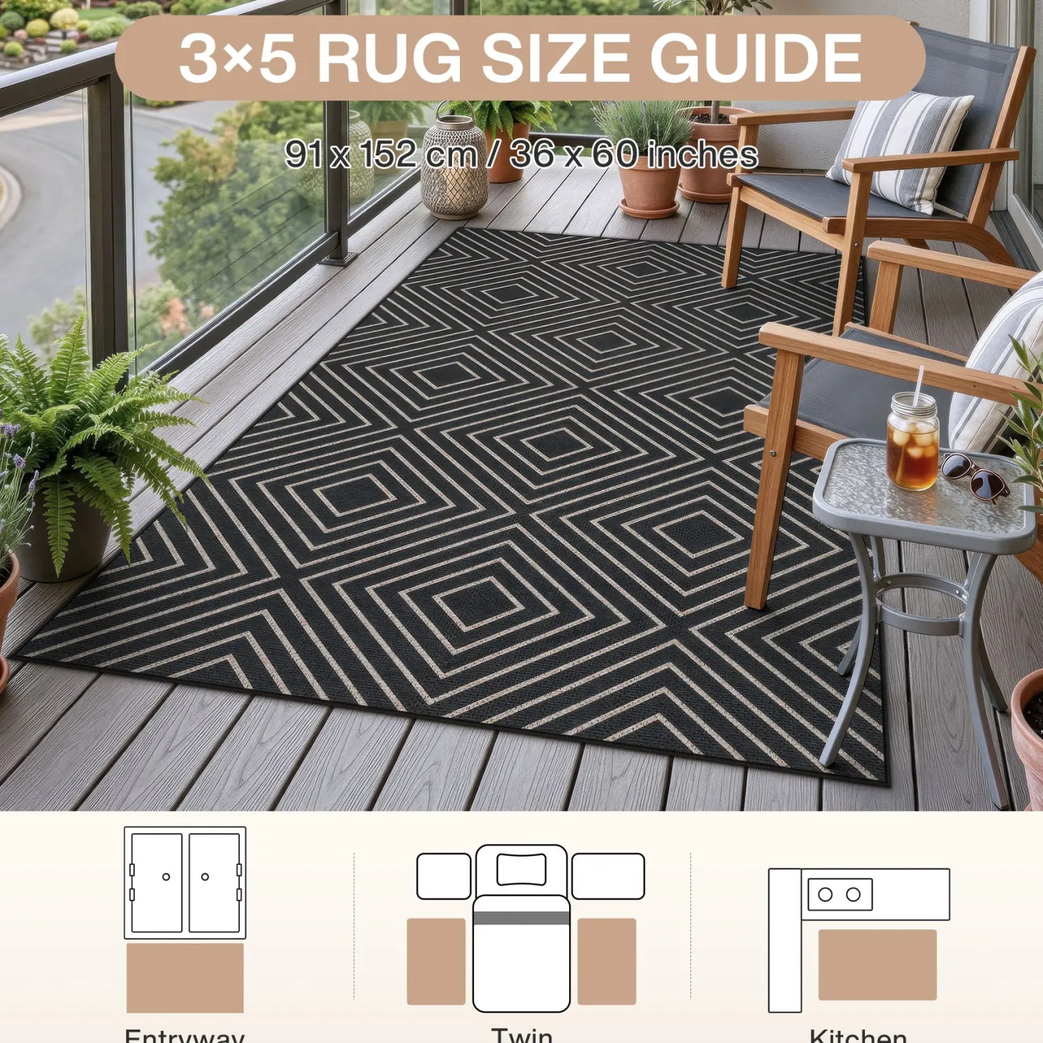 3x5 Modern Easy Jute Geometric Patio Rug, Washable Area Rugs Non-Slip Low Pile Carpet, Oeko-Tex Certified
