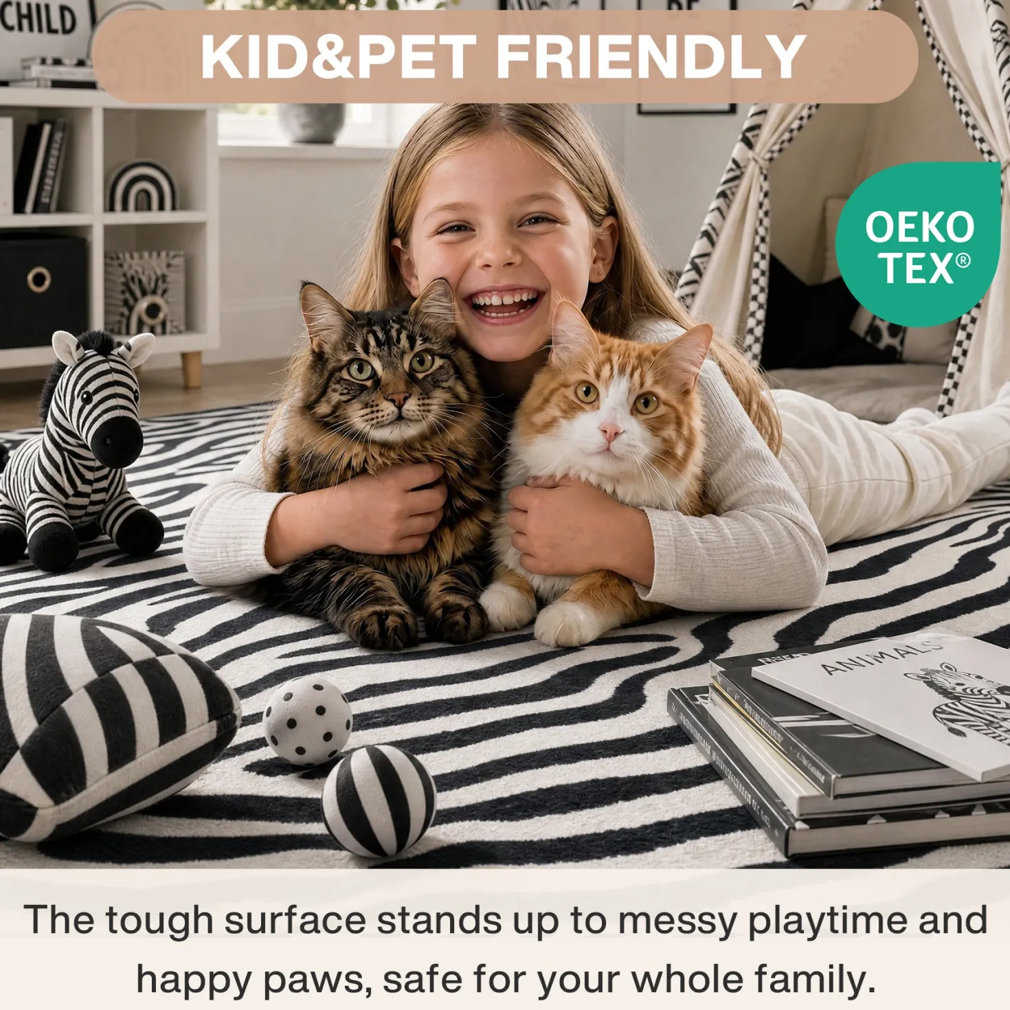 5x7 Zebra Print Washable Area Rug, Boho Modern Animal Soft Non Slip Nursery Living Room Carpet, Oeko-Tex Certified