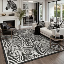 5x7 Zebra Print Washable Area Rug, Boho Modern Animal Soft Non Slip Nursery Living Room Carpet, Oeko-Tex Certified
