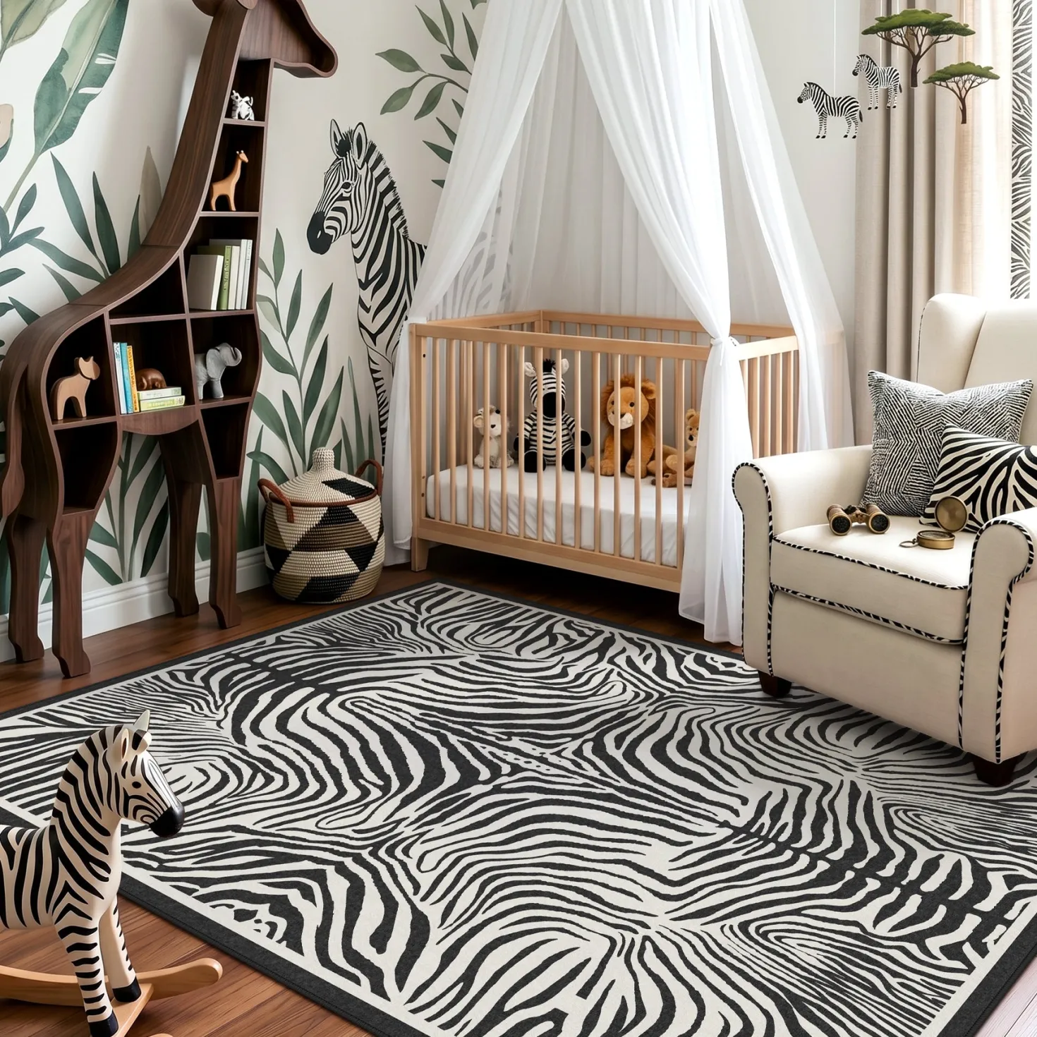 5x7 Zebra Print Washable Area Rug, Boho Modern Animal Soft Non Slip Nursery Living Room Carpet, Oeko-Tex Certified