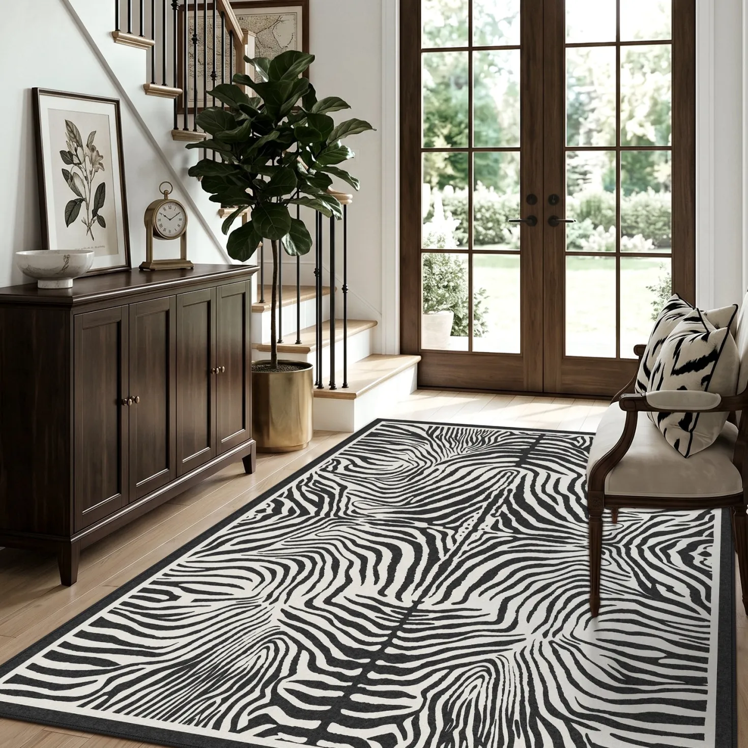 5x7 Zebra Print Washable Area Rug, Boho Modern Animal Soft Non Slip Nursery Living Room Carpet, Oeko-Tex Certified