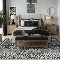 5x7 Zebra Print Washable Area Rug, Boho Modern Animal Soft Non Slip Nursery Living Room Carpet, Oeko-Tex Certified