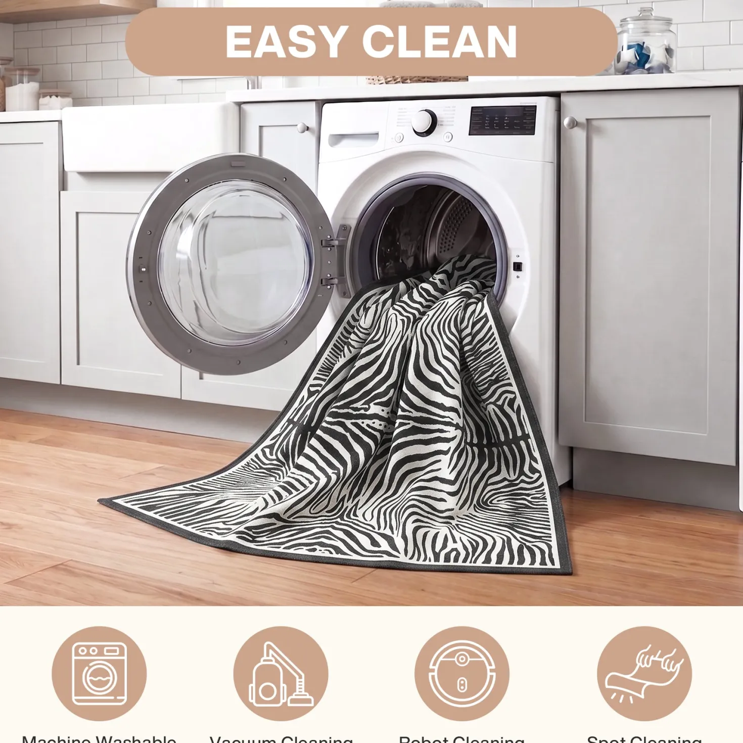 5x7 Zebra Print Washable Area Rug, Boho Modern Animal Soft Non Slip Nursery Living Room Carpet, Oeko-Tex Certified