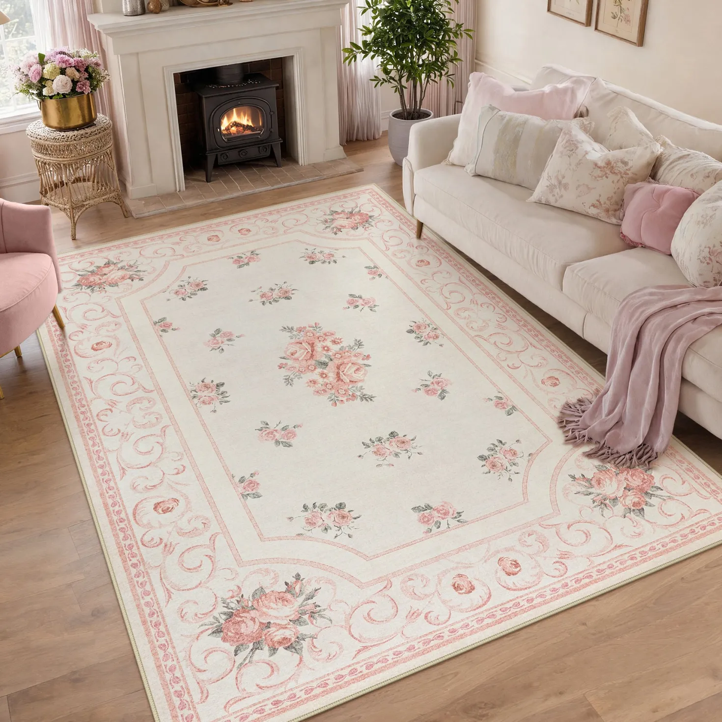 5x7/8x10 Boho Floral Area Rug, Vintage Soft Washable Low Pile Nursery Living Room Carpet, Oeko-Tex Certified