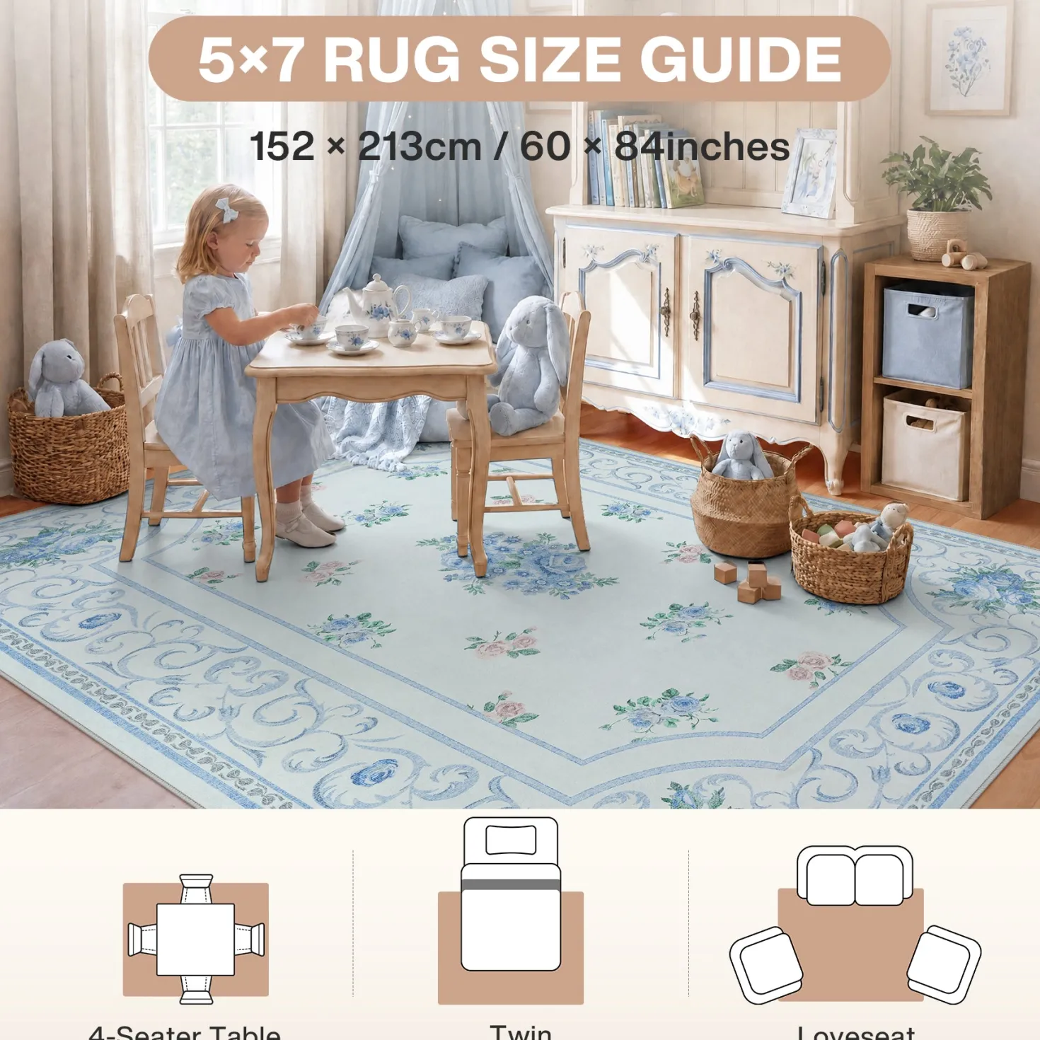 5x7/8x10 Boho Floral Area Rug, Vintage Soft Washable Low Pile Nursery Living Room Carpet, Oeko-Tex Certified