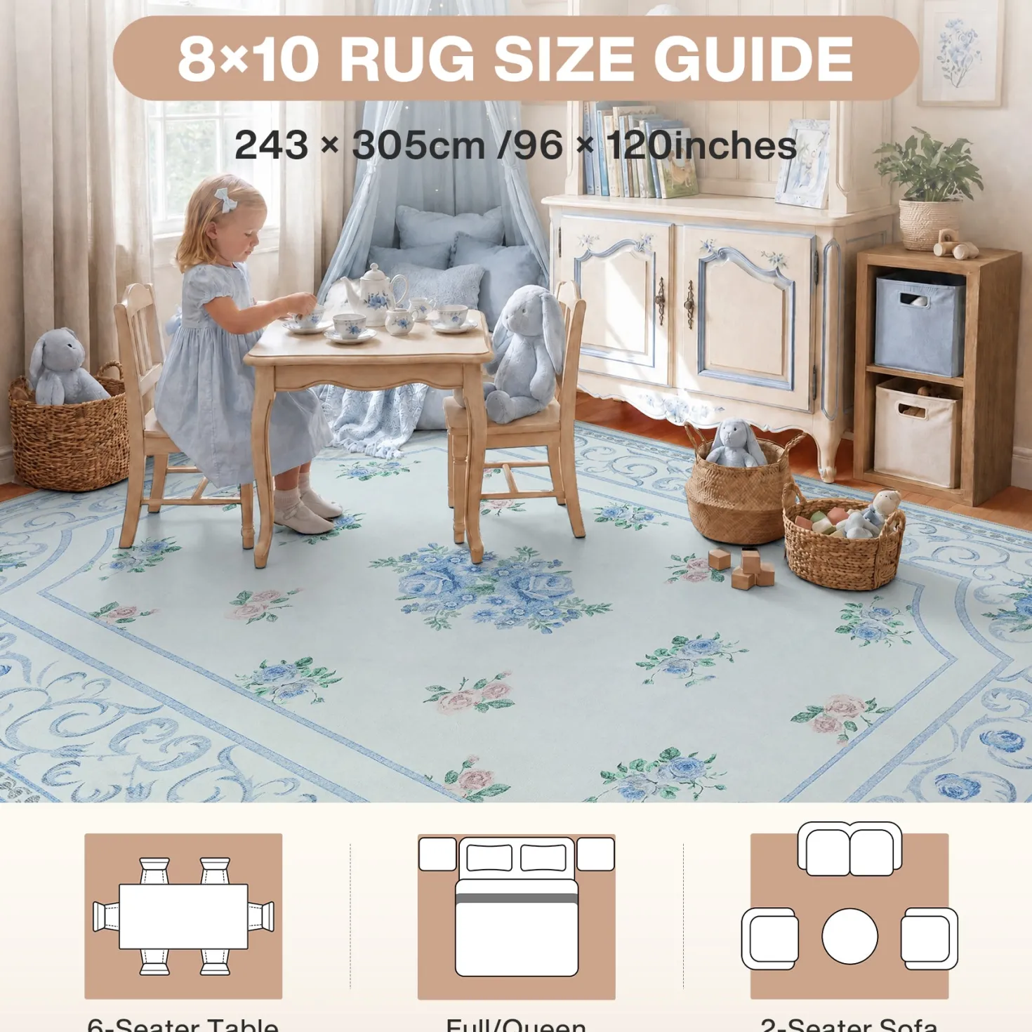 5x7/8x10 Boho Floral Area Rug, Vintage Soft Washable Low Pile Nursery Living Room Carpet, Oeko-Tex Certified