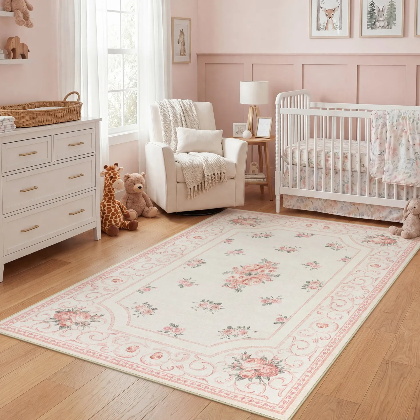 5x7/8x10 Boho Floral Area Rug, Vintage Soft Washable Low Pile Nursery Living Room Carpet, Oeko-Tex Certified