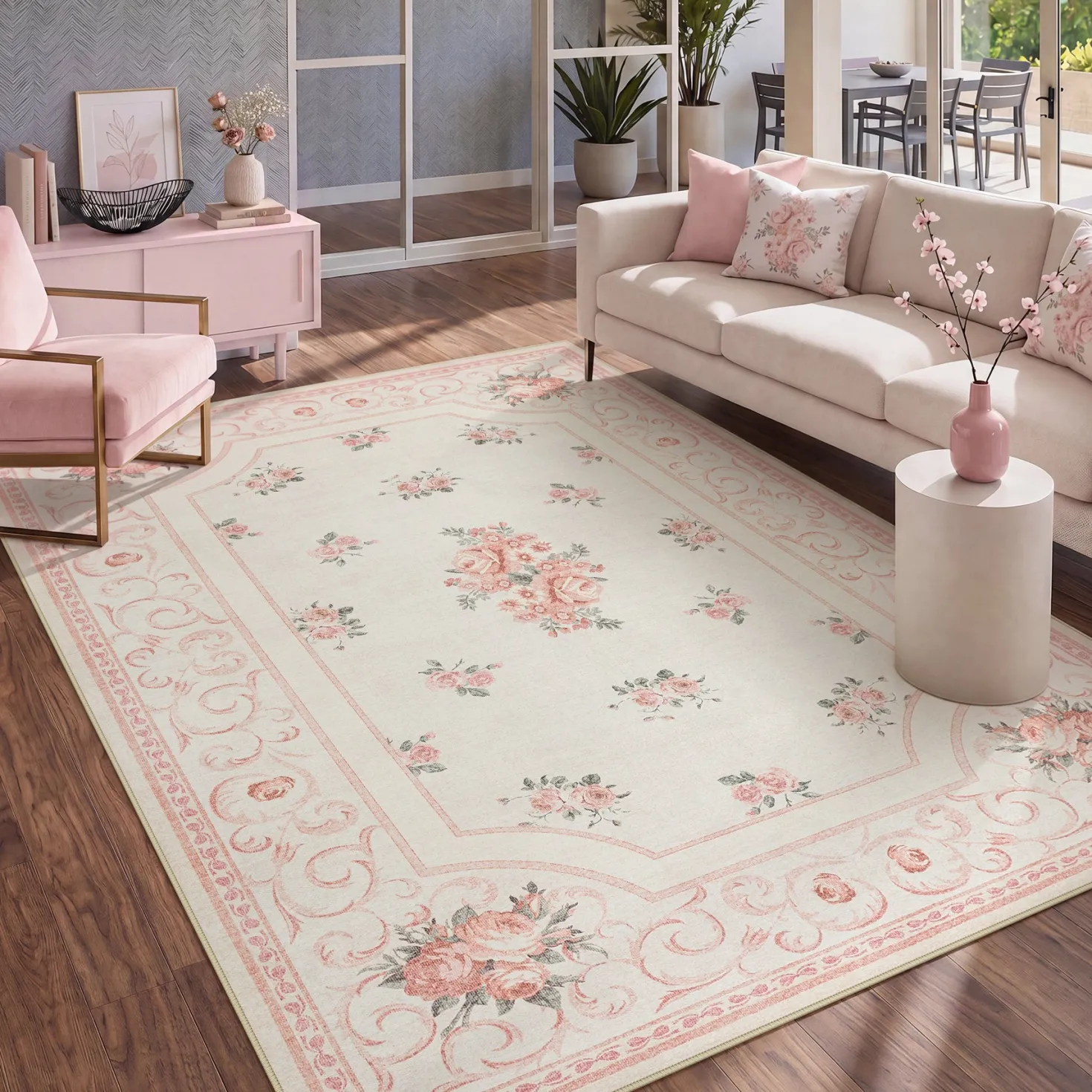5x7/8x10 Boho Floral Area Rug, Vintage Soft Washable Low Pile Nursery Living Room Carpet, Oeko-Tex Certified