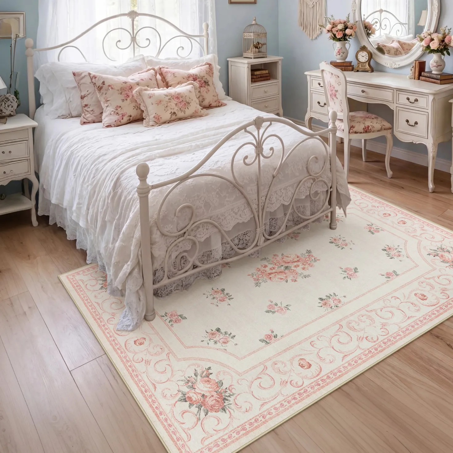 5x7/8x10 Boho Floral Area Rug, Vintage Soft Washable Low Pile Nursery Living Room Carpet, Oeko-Tex Certified