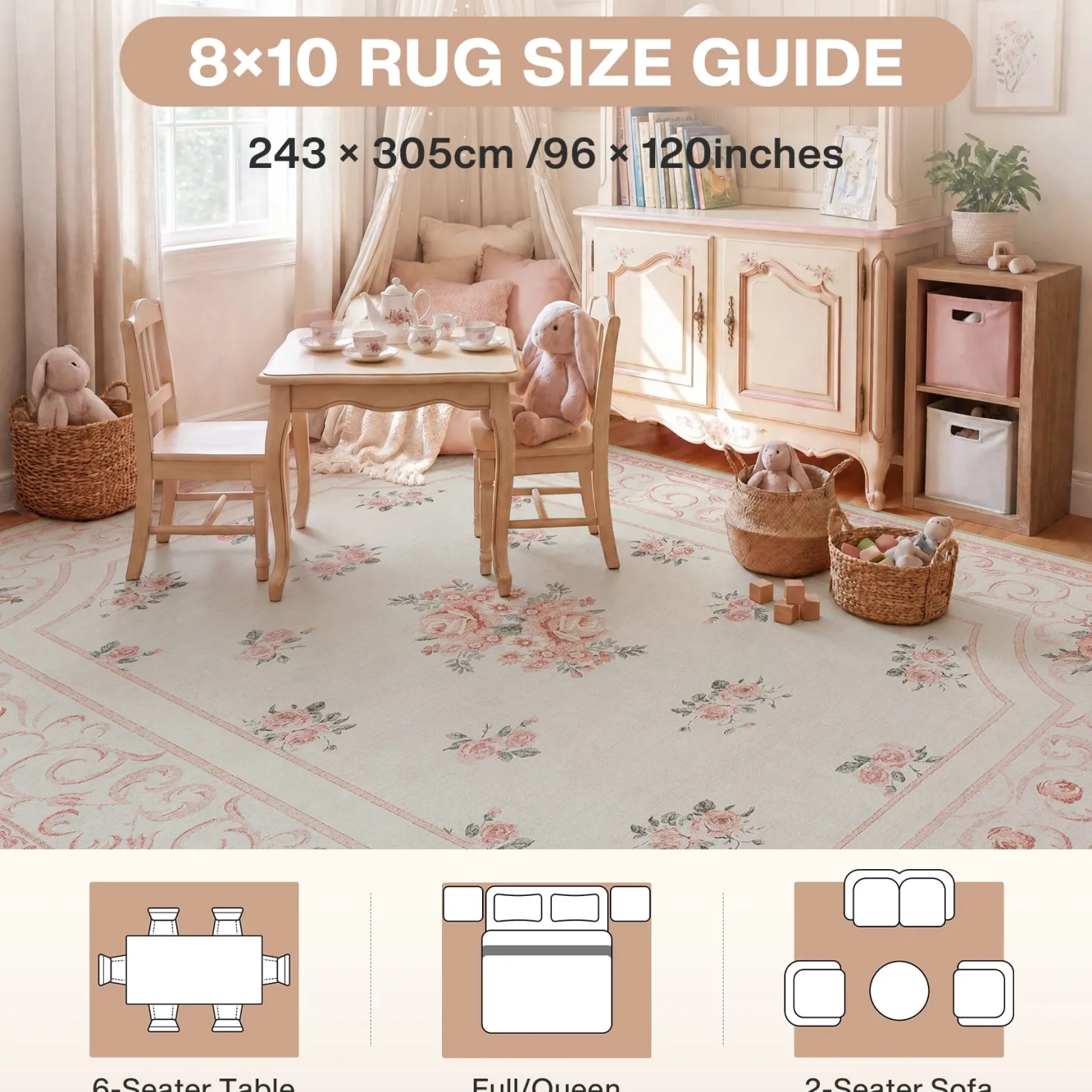 5x7/8x10 Boho Floral Area Rug, Vintage Soft Washable Low Pile Nursery Living Room Carpet, Oeko-Tex Certified