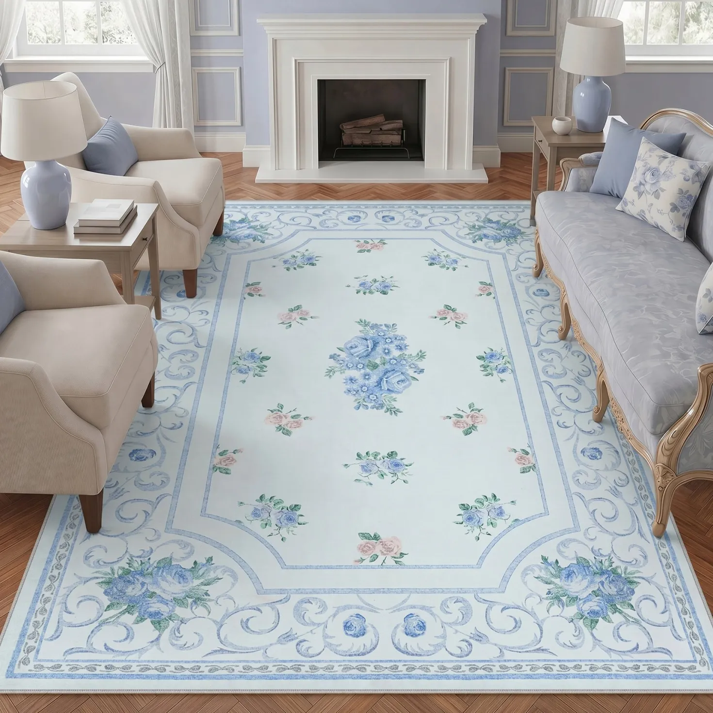 5x7/8x10 Boho Floral Area Rug, Vintage Soft Washable Low Pile Nursery Living Room Carpet, Oeko-Tex Certified