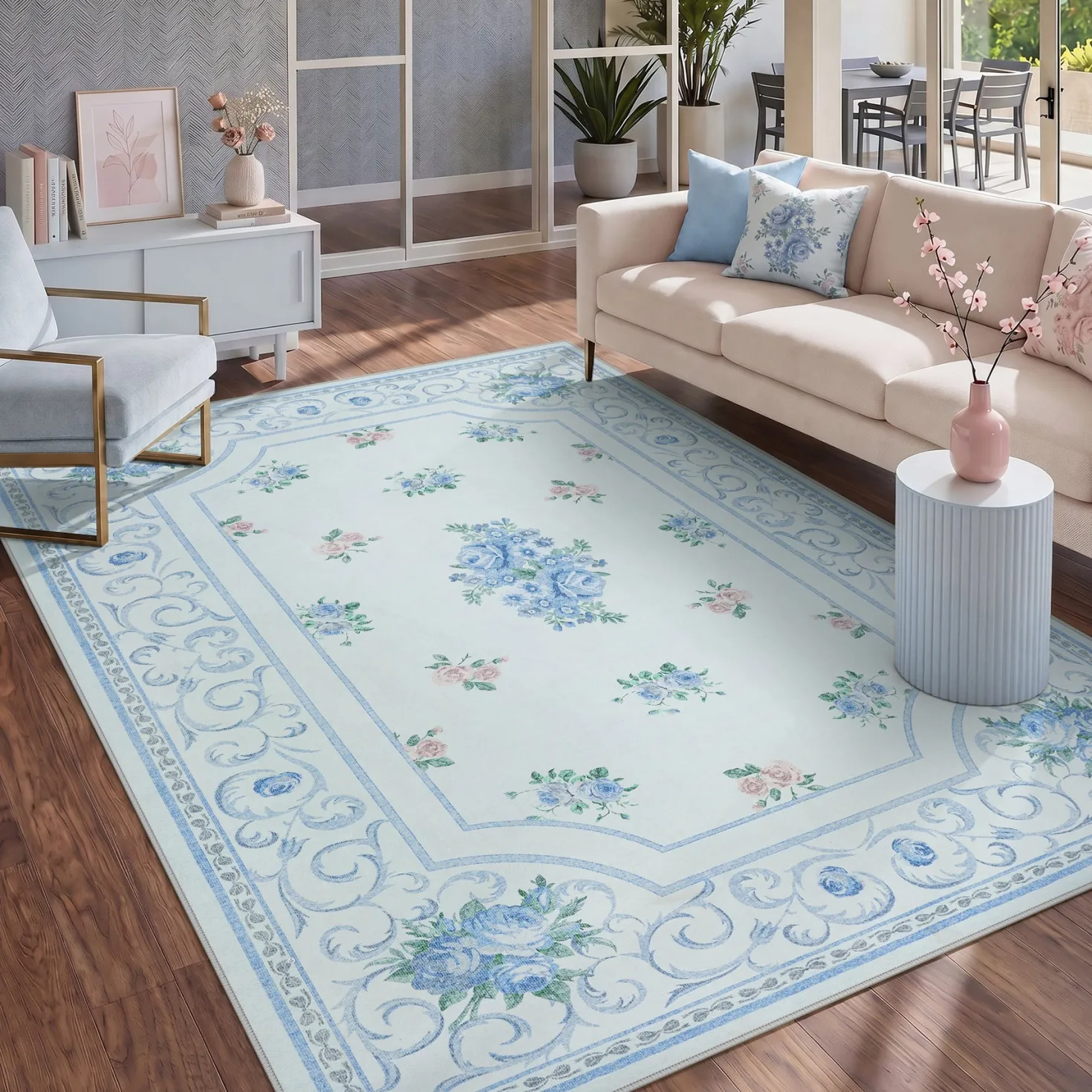5x7/8x10 Boho Floral Area Rug, Vintage Soft Washable Low Pile Nursery Living Room Carpet, Oeko-Tex Certified