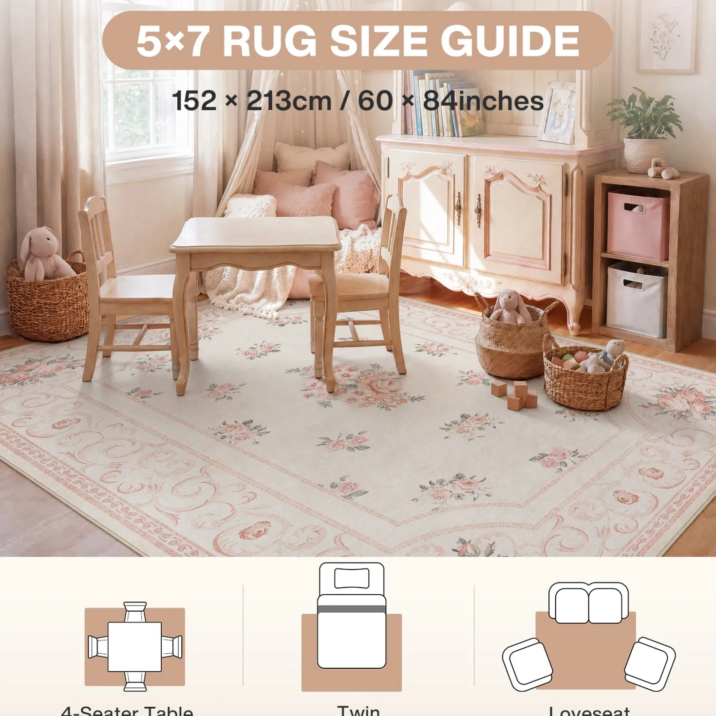 5x7/8x10 Boho Floral Area Rug, Vintage Soft Washable Low Pile Nursery Living Room Carpet, Oeko-Tex Certified