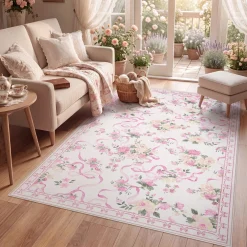 3x5/5x7 Bow Floral Area Rugs, Washable Soft Cute Border Non Slip Low Pile Carpet for Kids Living Dining Room, Oeko-Tex Certified