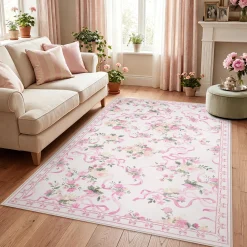 3x5/5x7 Bow Floral Area Rugs, Washable Soft Cute Border Non Slip Low Pile Carpet for Kids Living Dining Room, Oeko-Tex Certified