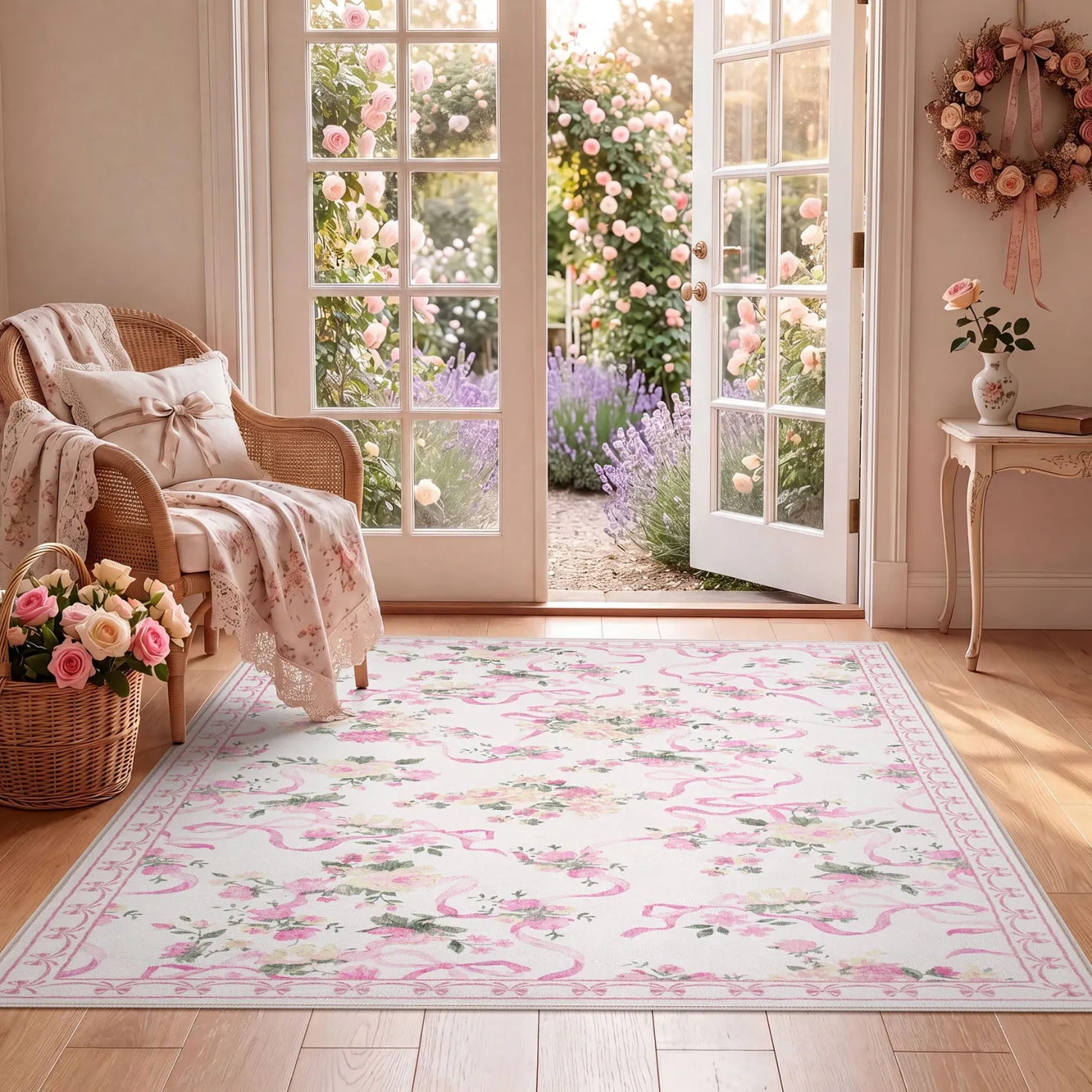 3x5/5x7 Bow Floral Area Rugs, Washable Soft Cute Border Non Slip Low Pile Carpet for Kids Living Dining Room, Oeko-Tex Certified