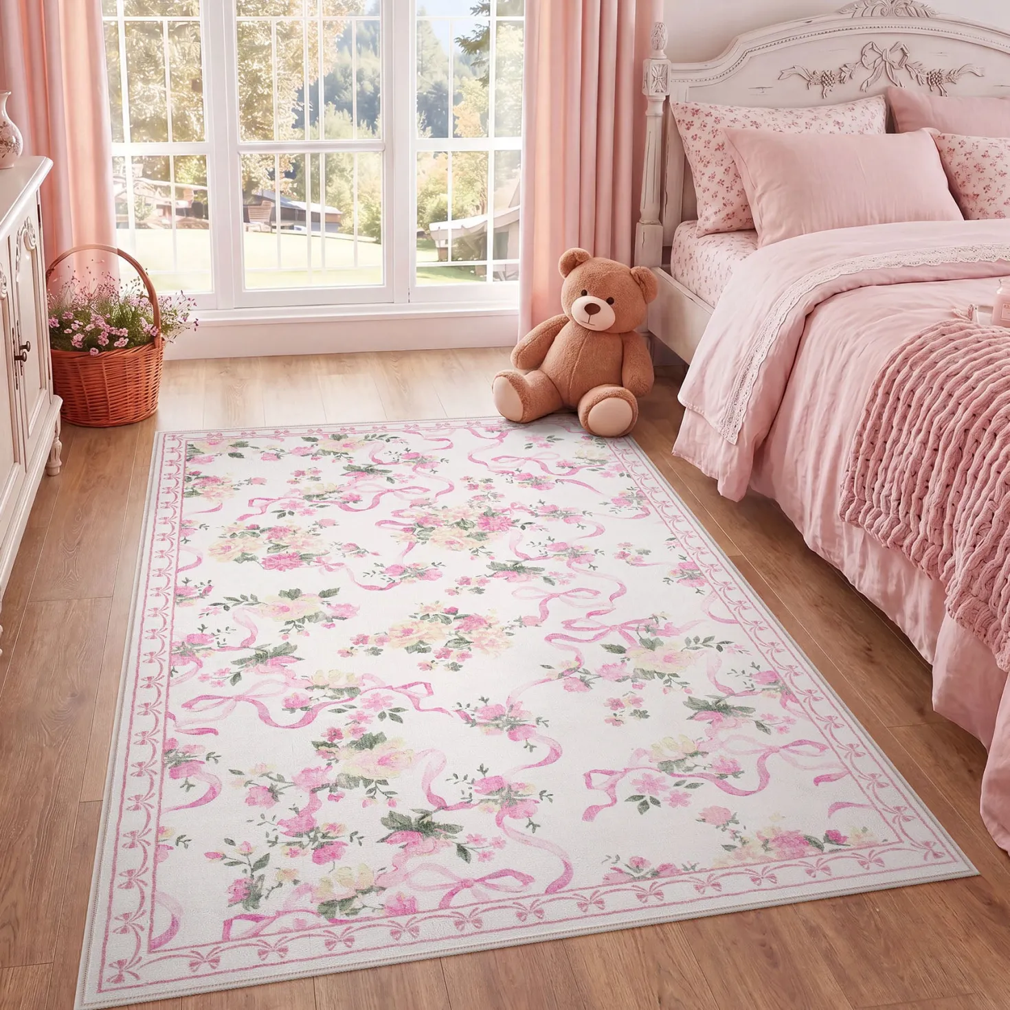 3x5/5x7 Bow Floral Area Rugs, Washable Soft Cute Border Non Slip Low Pile Carpet for Kids Living Dining Room, Oeko-Tex Certified
