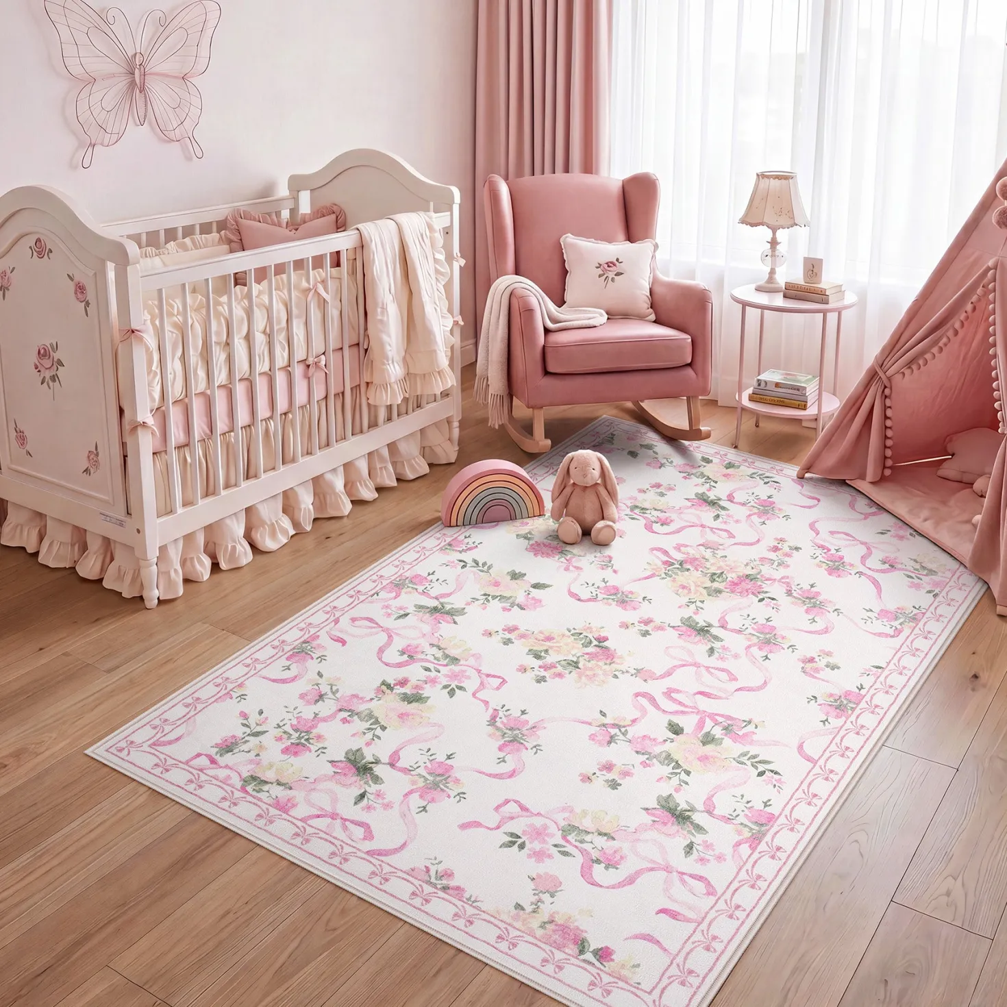 3x5/5x7 Bow Floral Area Rugs, Washable Soft Cute Border Non Slip Low Pile Carpet for Kids Living Dining Room, Oeko-Tex Certified