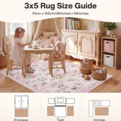 3x5/5x7 Bow Floral Area Rugs, Washable Soft Cute Border Non Slip Low Pile Carpet for Kids Living Dining Room, Oeko-Tex Certified