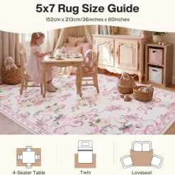 3x5/5x7 Bow Floral Area Rugs, Washable Soft Cute Border Non Slip Low Pile Carpet for Kids Living Dining Room, Oeko-Tex Certified