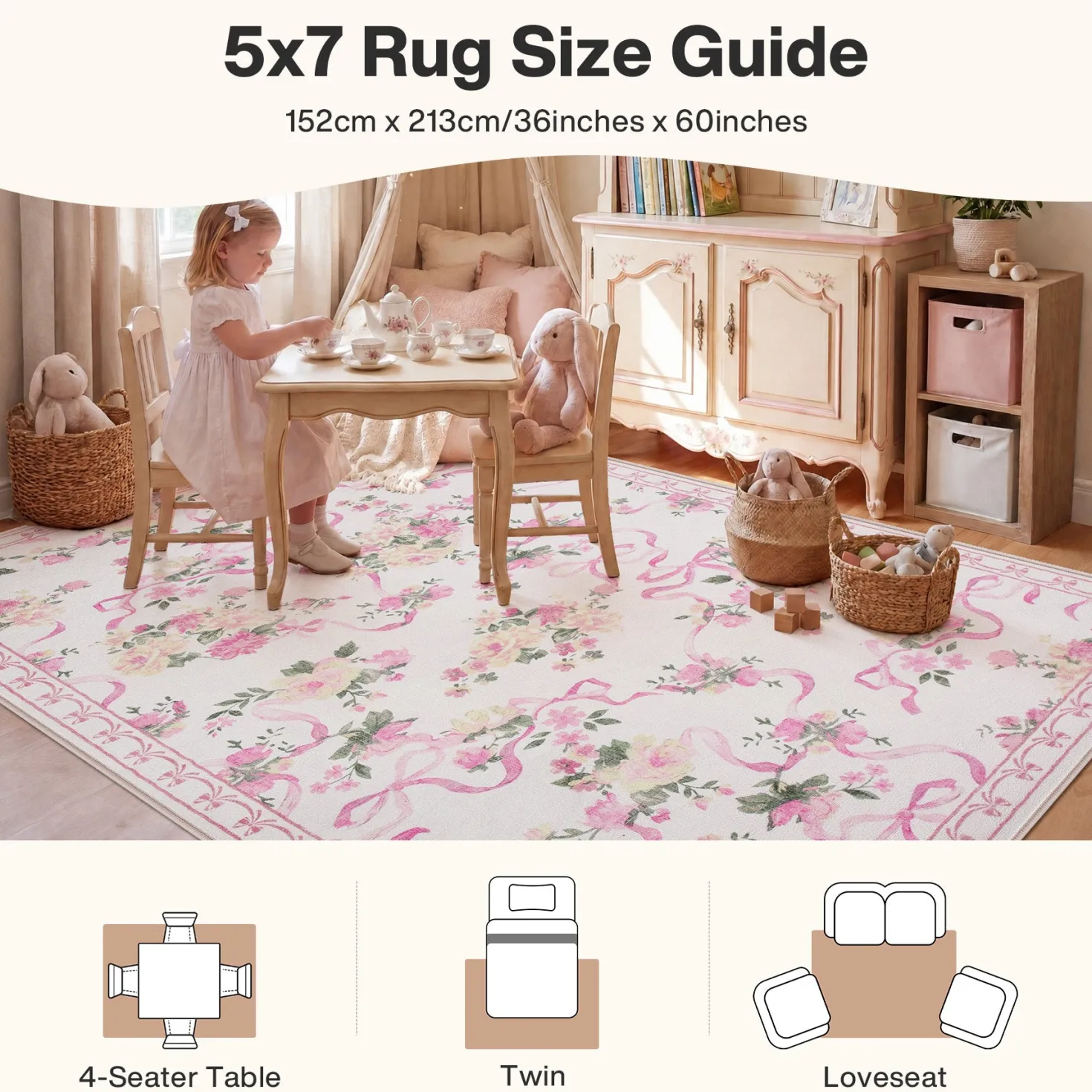 3x5/5x7 Bow Floral Area Rugs, Washable Soft Cute Border Non Slip Low Pile Carpet for Kids Living Dining Room, Oeko-Tex Certified