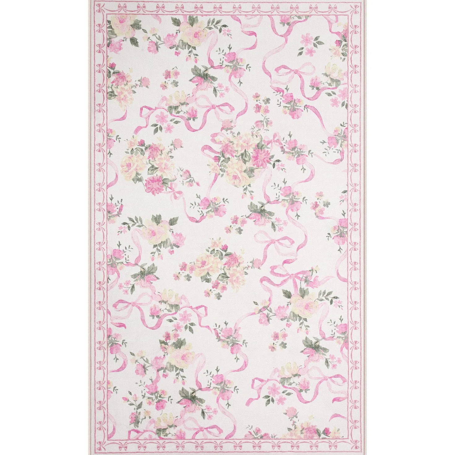 3x5/5x7 Bow Floral Area Rugs, Washable Soft Cute Border Non Slip Low Pile Carpet for Kids Living Dining Room, Oeko-Tex Certified
