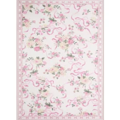 3x5/5x7 Bow Floral Area Rugs, Washable Soft Cute Border Non Slip Low Pile Carpet for Kids Living Dining Room, Oeko-Tex Certified