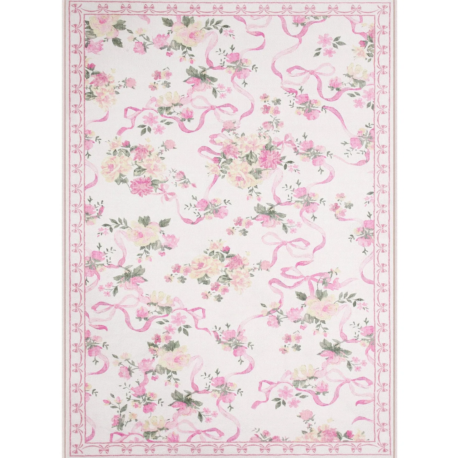 3x5/5x7 Bow Floral Area Rugs, Washable Soft Cute Border Non Slip Low Pile Carpet for Kids Living Dining Room, Oeko-Tex Certified