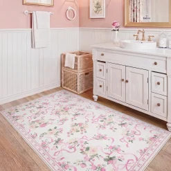 3x5/5x7 Bow Floral Area Rugs, Washable Soft Cute Border Non Slip Low Pile Carpet for Kids Living Dining Room, Oeko-Tex Certified