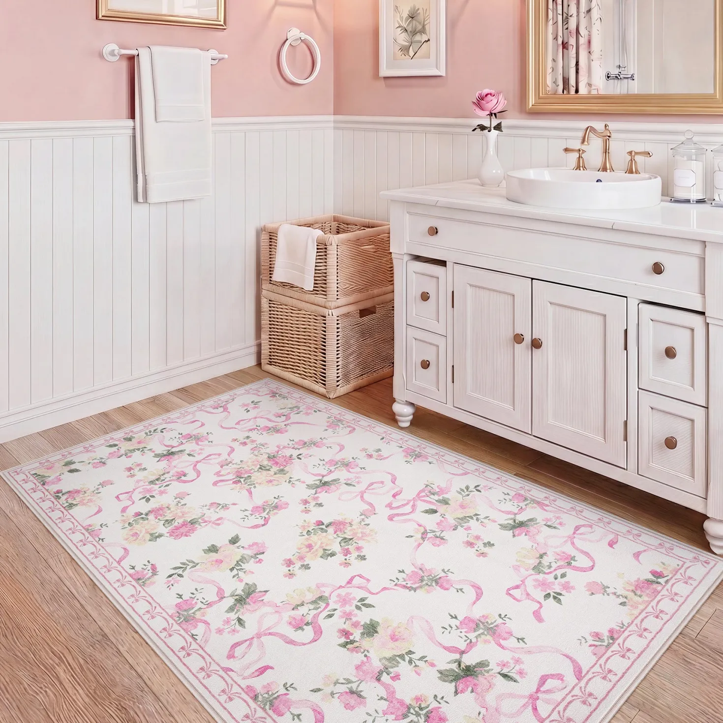 3x5/5x7 Bow Floral Area Rugs, Washable Soft Cute Border Non Slip Low Pile Carpet for Kids Living Dining Room, Oeko-Tex Certified