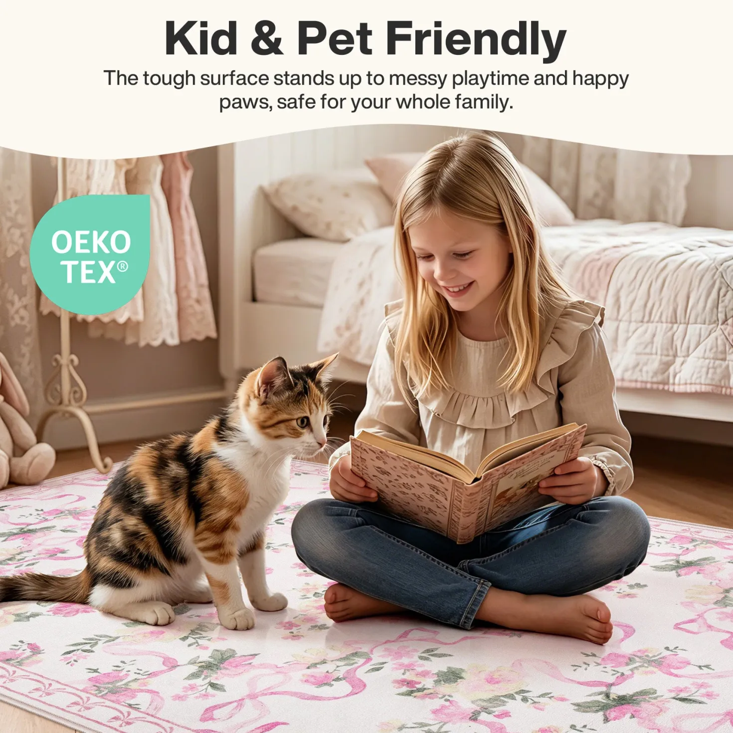 3x5/5x7 Bow Floral Area Rugs, Washable Soft Cute Border Non Slip Low Pile Carpet for Kids Living Dining Room, Oeko-Tex Certified