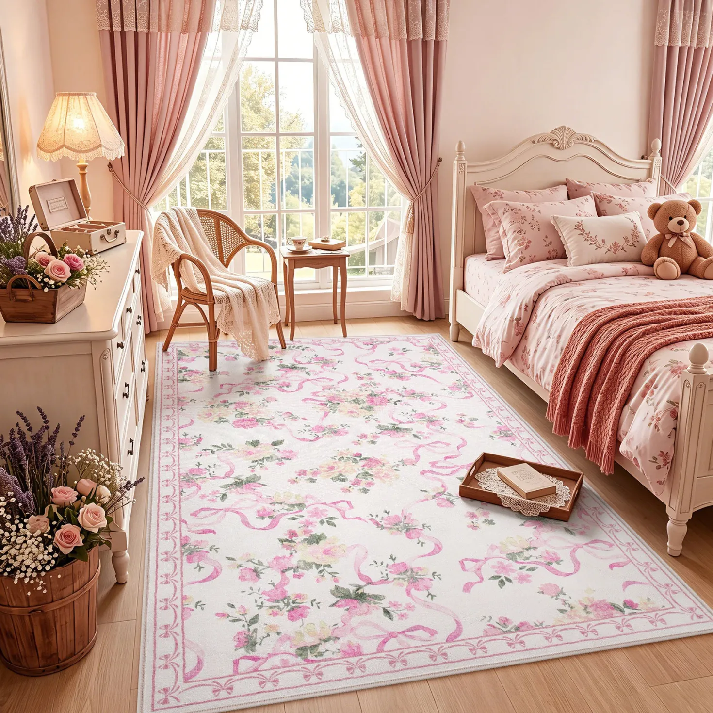 3x5/5x7 Bow Floral Area Rugs, Washable Soft Cute Border Non Slip Low Pile Carpet for Kids Living Dining Room, Oeko-Tex Certified