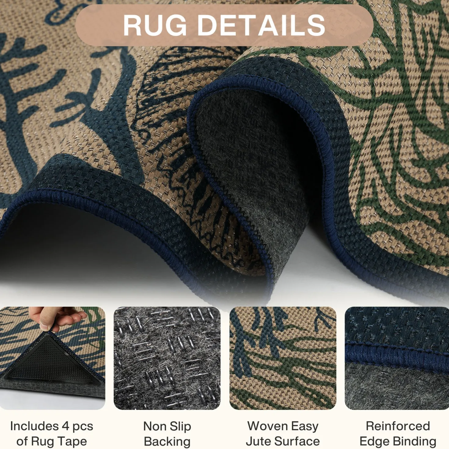 3x5/5x7 Easy Jute Washable Indoor Outdoor Patio Rug, Boho Coastal Non-Slip Living Room Area Carpet for Entryway Porch, Oeko-Tex Certified