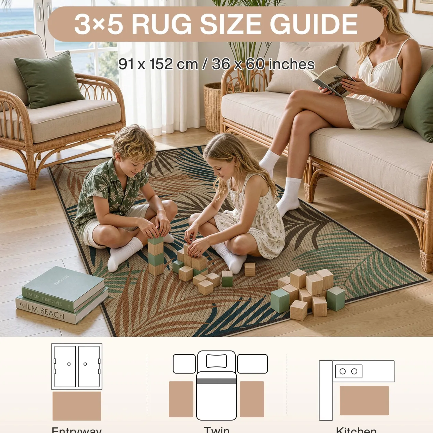 3x5/5x7 Easy Jute Washable Indoor Outdoor Patio Rug, Boho Coastal Non-Slip Living Room Area Carpet for Entryway Porch, Oeko-Tex Certified