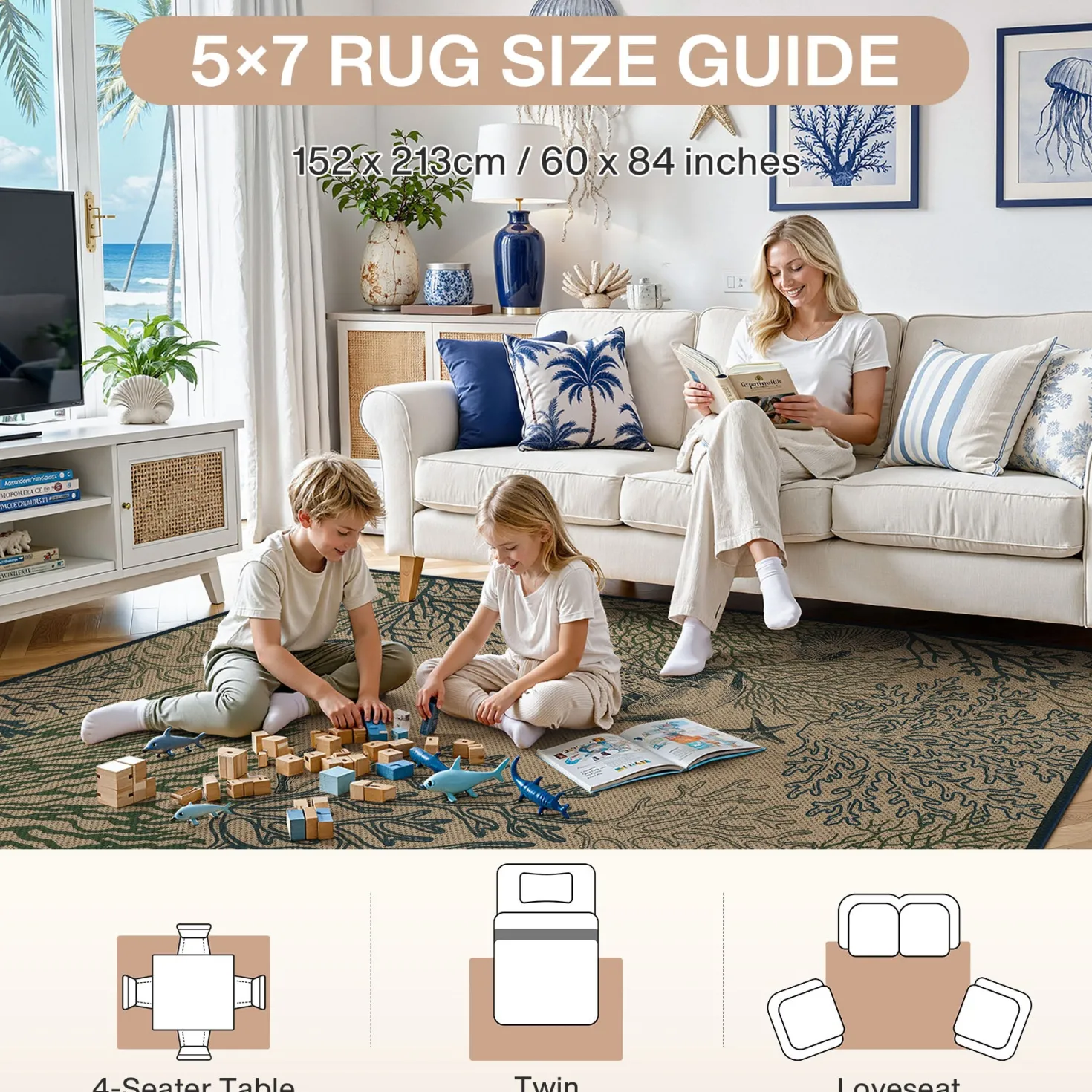 3x5/5x7 Easy Jute Washable Indoor Outdoor Patio Rug, Boho Coastal Non-Slip Living Room Area Carpet for Entryway Porch, Oeko-Tex Certified