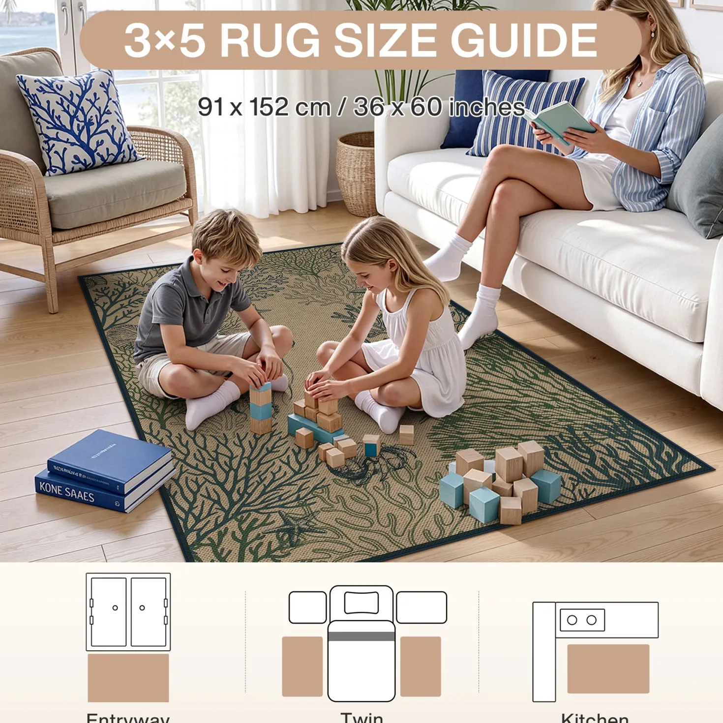 3x5/5x7 Easy Jute Washable Indoor Outdoor Patio Rug, Boho Coastal Non-Slip Living Room Area Carpet for Entryway Porch, Oeko-Tex Certified