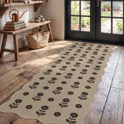 2x6/3x5 Floral Easy Jute Hallway Runner Rug, Scalloped Kitchen Runner Rug Non Skid Washable Indoor Carpet, Oeko-Tex Certified