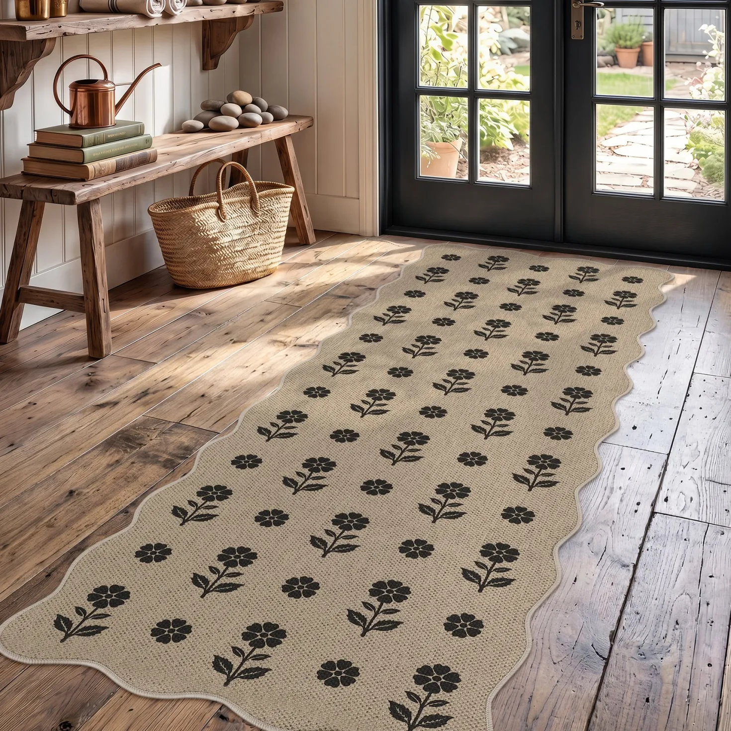 2x6/3x5 Floral Easy Jute Hallway Runner Rug, Scalloped Kitchen Runner Rug Non Skid Washable Indoor Carpet, Oeko-Tex Certified